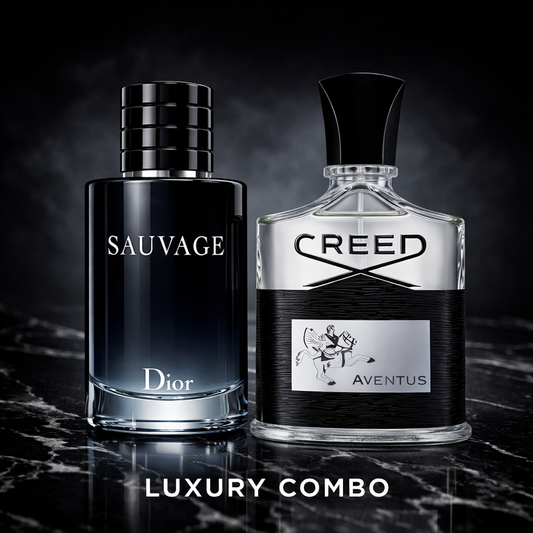 Two luxury perfume bottles, one by Dior and one by Creed, on a dark marble surface.
The Style Hub